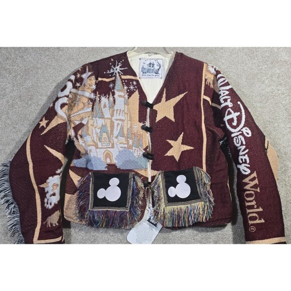 OOAK Handmade Upcycled Mickey Mouse Tapestry Jacket Quilt Lined Fringe Women's L - Picture 6 of 16
